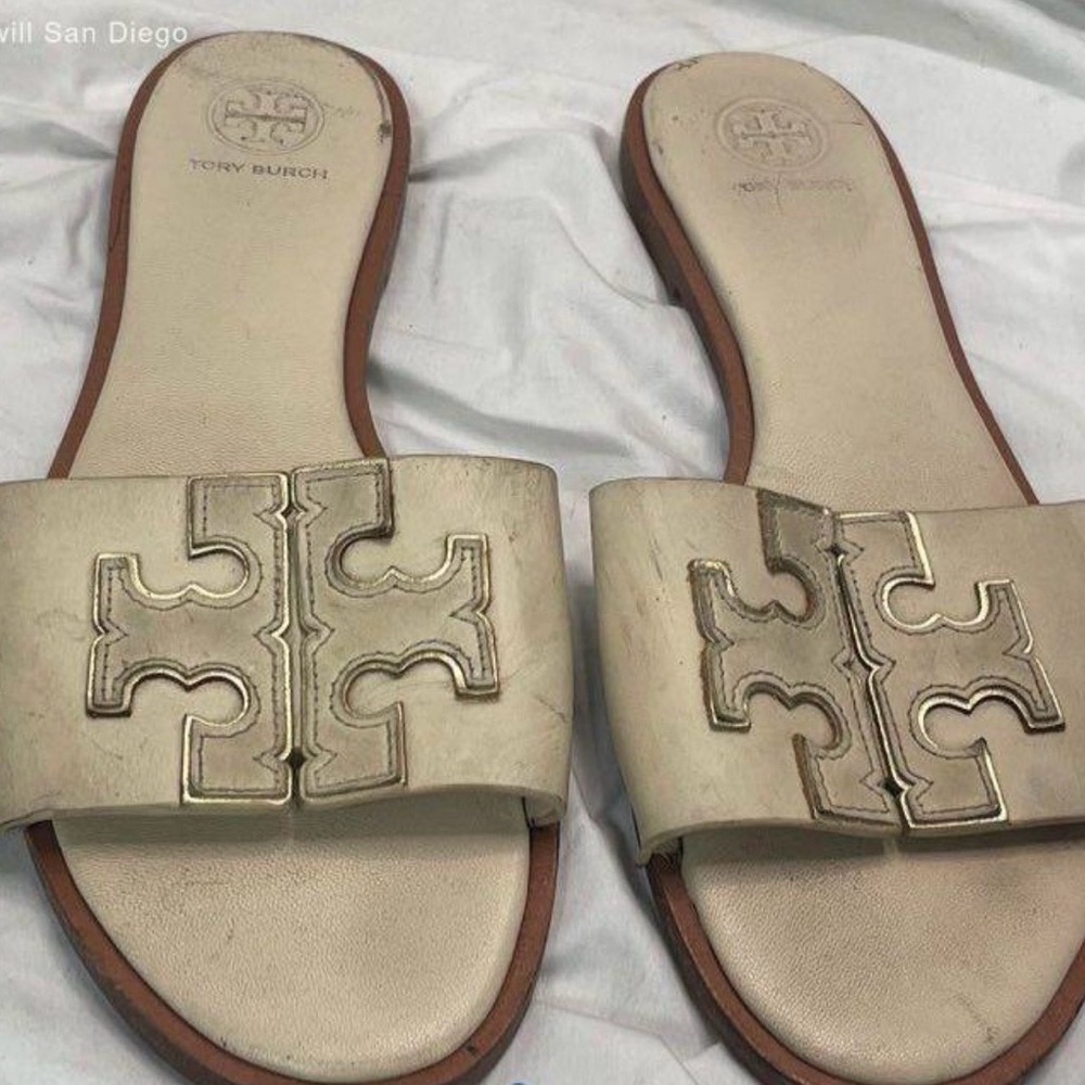 Tory Burch Cream Leather Logo Slide Sandals with Tan Trim